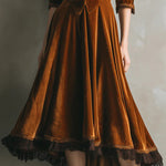 Retro Velvet A-Line Lace Trim Midi Dress