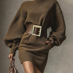 Nadorine Women's Chic Belted Lantern Sleeves Knit Mini Dress