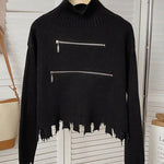Zip Accent Turtleneck Raw Edge Hem Sweater