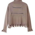 Zip Accent Turtleneck Raw Edge Hem Sweater