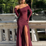 Off-Shoulder Pleated Slit Hem Maxi Dress
