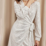 Glitter Sequin Tie Waist Wrap Dress