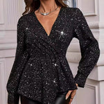 Nadorine Glitter Asymmetrical V-Neck Blouse for Women Casual Work Office Loose Fit 2026 | Under $40