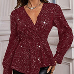 Nadorine Glitter Asymmetrical V-Neck Blouse for Women Casual Work Office Loose Fit 2026 | Under $40