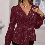 Nadorine Glitter Asymmetrical V-Neck Blouse for Women Casual Work Office Loose Fit 2026 | Under $40