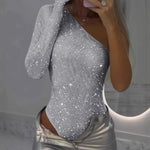 Trendy One Shoulder Sequin Bodysuits