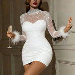 Glitter Rhinestone Sequin Mesh Feather Dress
