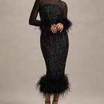 Sequin Mesh Patchwork Feather Hem Bodycon Dress