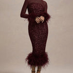 Sequin Mesh Patchwork Feather Hem Bodycon Dress