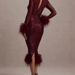 Sequin Mesh Patchwork Feather Hem Bodycon Dress