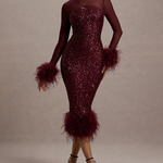 Sequin Mesh Patchwork Feather Hem Bodycon Dress