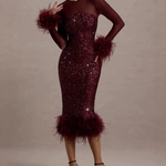 Sequin Mesh Patchwork Feather Hem Bodycon Dress