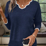 Lightweight Scalloped V-Neck Knit Sweater