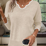 Lightweight Scalloped V-Neck Knit Sweater
