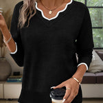 Lightweight Scalloped V-Neck Knit Sweater