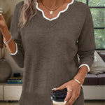 Lightweight Scalloped V-Neck Knit Sweater