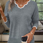 Lightweight Scalloped V-Neck Knit Sweater