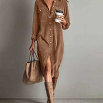 Nadorine Women's Casual Corduroy Long Sleeves Shirt Dress