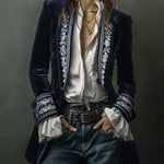 Nadorine Court-Style Floral Embroidery Velvet Jacket Blazer