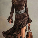 Retro Western Irregular Ruffle Hem Velvet Dress