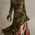 Retro Western Irregular Ruffle Hem Velvet Dress