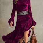 Retro Western Irregular Ruffle Hem Velvet Dress