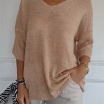 Soft Knit 3/4 Sleeve V-neck Pullover Sweater