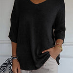 Soft Knit 3/4 Sleeve V-neck Pullover Sweater