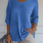 Soft Knit 3/4 Sleeve V-neck Pullover Sweater