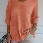 Soft Knit 3/4 Sleeve V-neck Pullover Sweater