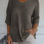 Soft Knit 3/4 Sleeve V-neck Pullover Sweater