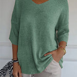Soft Knit 3/4 Sleeve V-neck Pullover Sweater