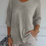 Soft Knit 3/4 Sleeve V-neck Pullover Sweater