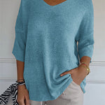 Soft Knit 3/4 Sleeve V-neck Pullover Sweater