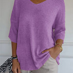 Soft Knit 3/4 Sleeve V-neck Pullover Sweater
