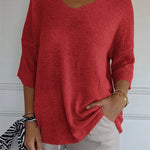 Soft Knit 3/4 Sleeve V-neck Pullover Sweater