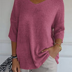 Soft Knit 3/4 Sleeve V-neck Pullover Sweater