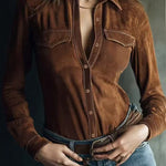 Nadorine Vintage Suede Button-Down Shirt for Women Casual Loose Business Casual 2026 | Under $40