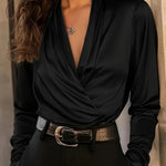 Nadorine Luxurious Satin Deep V-Neck Long Sleeve Blouse for Women Elegant Office Work Dressy 2026 | Under $40