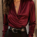 Nadorine Luxurious Satin Deep V-Neck Long Sleeve Blouse for Women Elegant Office Work Dressy 2026 | Under $40