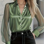 Nadorine Luxury Sheer Sleeves Patchwork Silky Satin Blouse for Women Elegant Office Work Dressy 2026 | Under $40