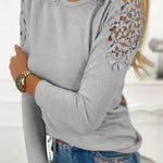 Nadorine Elegant Lace Cutout Long Sleeve T-Shirt for Women Casual Work Office Loose Fit 2026 | Under $25