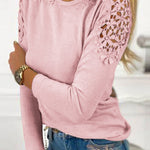 Nadorine Elegant Lace Cutout Long Sleeve T-Shirt for Women Casual Work Office Loose Fit 2026 | Under $25