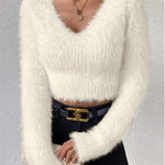 Nadorine Casual Fuzzy V-Neck Knit Sweater