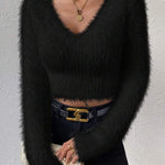 Nadorine Casual Fuzzy V-Neck Knit Sweater