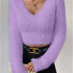 Nadorine Casual Fuzzy V-Neck Knit Sweater
