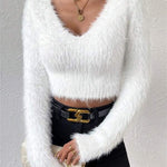 Nadorine Casual Fuzzy V-Neck Knit Sweater