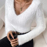 Nadorine Casual Fuzzy V-Neck Knit Sweater