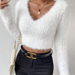 Nadorine Casual Fuzzy V-Neck Knit Sweater