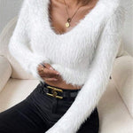 Nadorine Casual Fuzzy V-Neck Knit Sweater